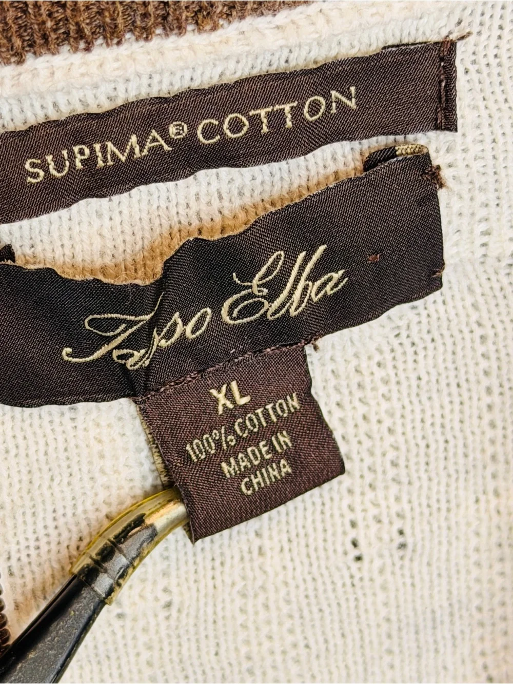 Tasso Elba Men’s Supima Cotton Cableknit Sweater - Cream with Brown Accents XL